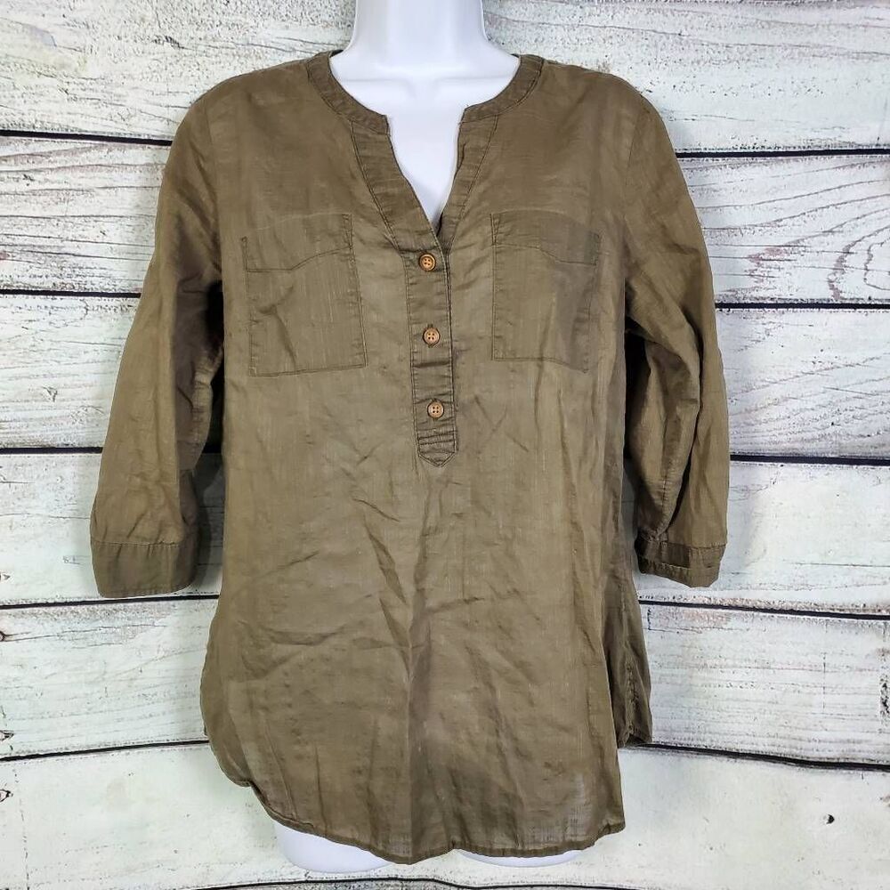 Croft & Barrow Women’s M 100% Cotton Linen Look Olive Green Button Front Top